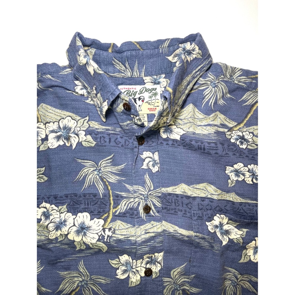 Vintage Big Dogs 90s Hawaiian Shirt Mens S/M Blue Cotton Rayon Aloha Palm Tree - Picture 3 of 7